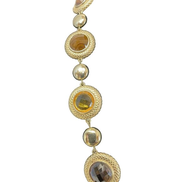 Gold-Tone Statement Necklace With Amber 19" Smoky Quartz Colored Stones Adjustab - Picture 3 of 5